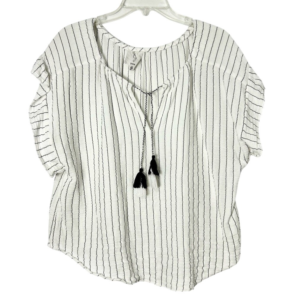 Joie‎ Womens boho White Black Striped Gauze Tassel coastal grandma  Blouse M